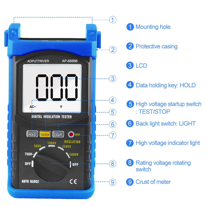 AOPUTTRIVER Insulation Tester Megohmmeter 200G Ohm Megger Multimeter Measures 500/1000/2500/5000V Voltage, Compressor Tester HVAC,Motor Cables Switches and Home Improvement Use - Image 2